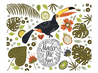 Under the sun. bird color floral fruit illustraion juicy nature palm summer sun toucan tropic tropical tropics vector