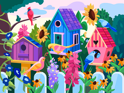 Birdhouses artwork bird birdhouse birdhouses birds design flat flower flowers garden greens illustration nature sunflower vector