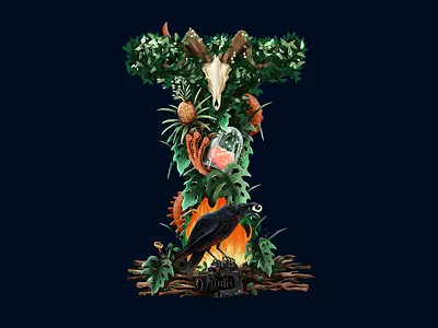 Illustrated Logo animals branding fire head i identity illustration initial logo plants raven sheep skeleton wood