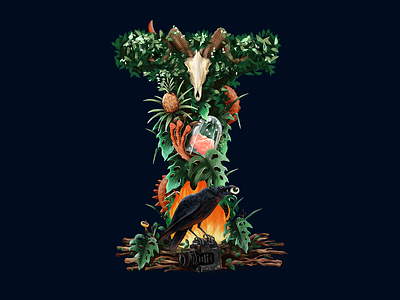 Illustrated Logo animals branding fire head i identity illustration initial logo plants raven sheep skeleton wood