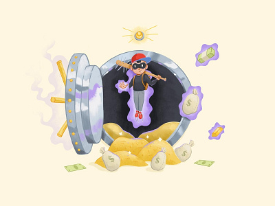 (30 Minutes or) Ness 2d bank heist bank robber baseball cash earthbound flat illustration ness procreate psychic purple smash smash bros vault yellow