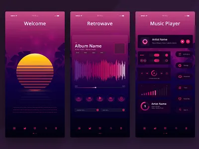 Retrowave Media PlayerUI Kit business button digital gui icon media media player media player ui mp3 music newwave player radio retrowave song summer ui ux volume wave