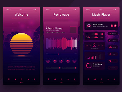 Retrowave Media PlayerUI Kit business button digital gui icon media media player media player ui mp3 music newwave player radio retrowave song summer ui ux volume wave