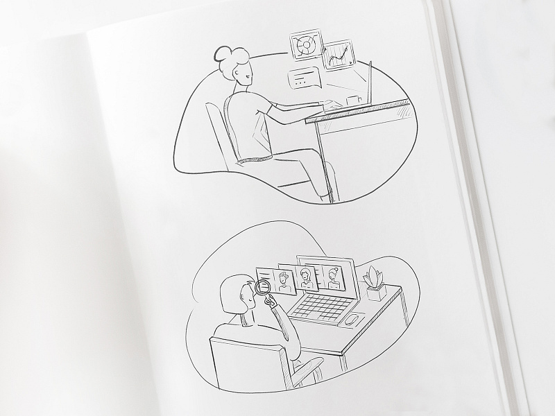 Illustration Sketches / Marketing Tasks for Payroll, HR SAAS accountant adobe photoshop hr illustration office searching profile sketch sketchbook working at computer