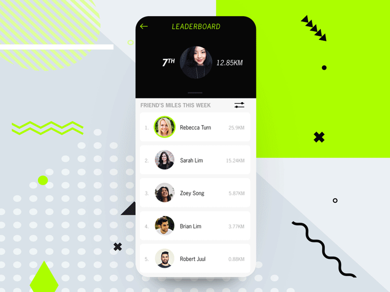 Nike+ Run Club's Leaderboard adobe after effects adobe photoshop animation app daily ui daily ui 019 dailyui design flat green interaction design leaderboard micro interaction micro interactions motion nike nike running ui ui ux ux
