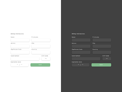 Daily #15 - Billing Informations adress billing button card cvv darkmode date expiration green informations lightmode name save