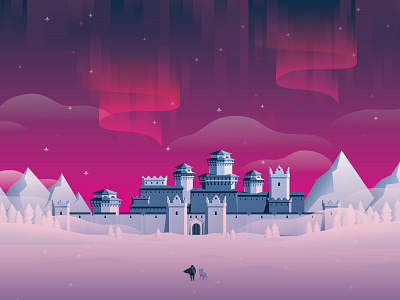 Winterfell castle game of thrones got illustration lights mointain night north northern lights sky snow stars winter is coming winterfell