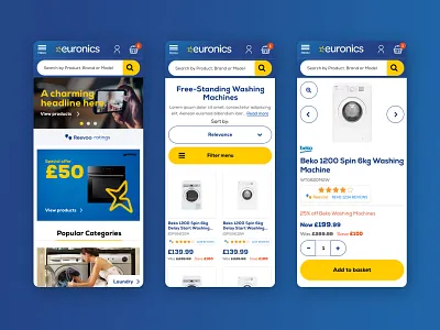 Euronics UK eCommerce website account blue clean design ecommerce flat homepage interface minimal products redesign shop simple ui ux web website white goods yellow