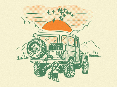 Johnston Arms 4x4 camping desert dog duck hiking hunting johnston arms land rover landscape illustration offroad outdoor shirt design