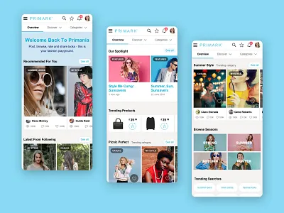 Primania account blue clean clothes design ecommerce flat interface landing page minimal photos redesign share shop simple social ui ux web website