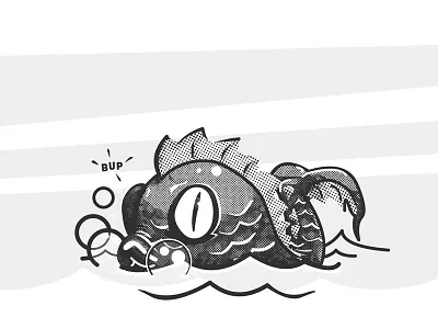 Lil' Leviathan black and white cartoon design fish halftone illustration retro t shirt vintage