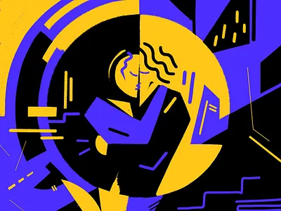 Meet me outside of time 80s abstract art city design dimensions geometric graphic illustration kiss love man night romance space time woman yin yang