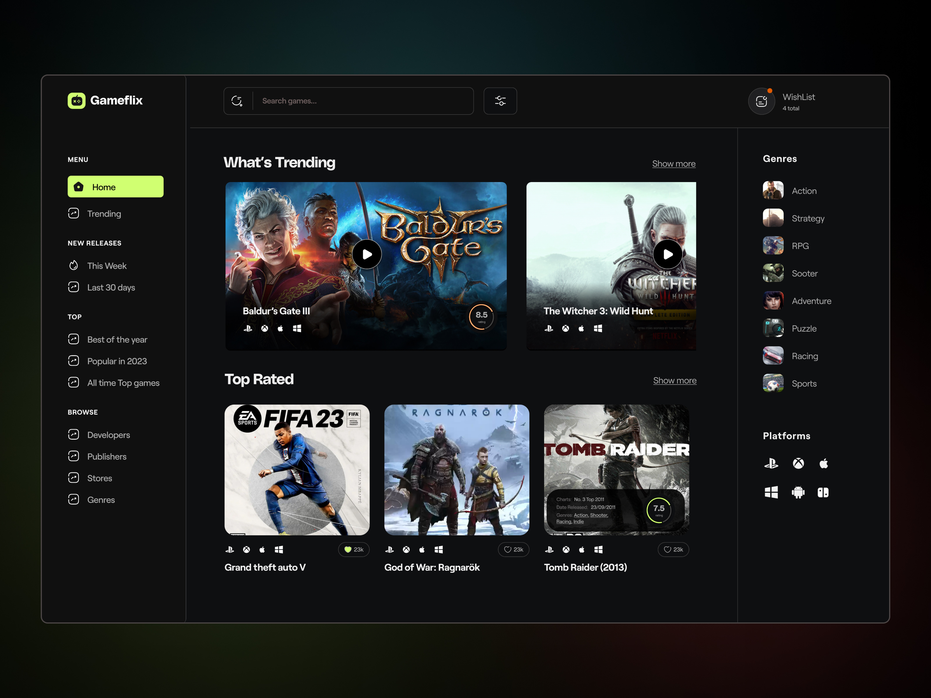 Example of Gameflix UI