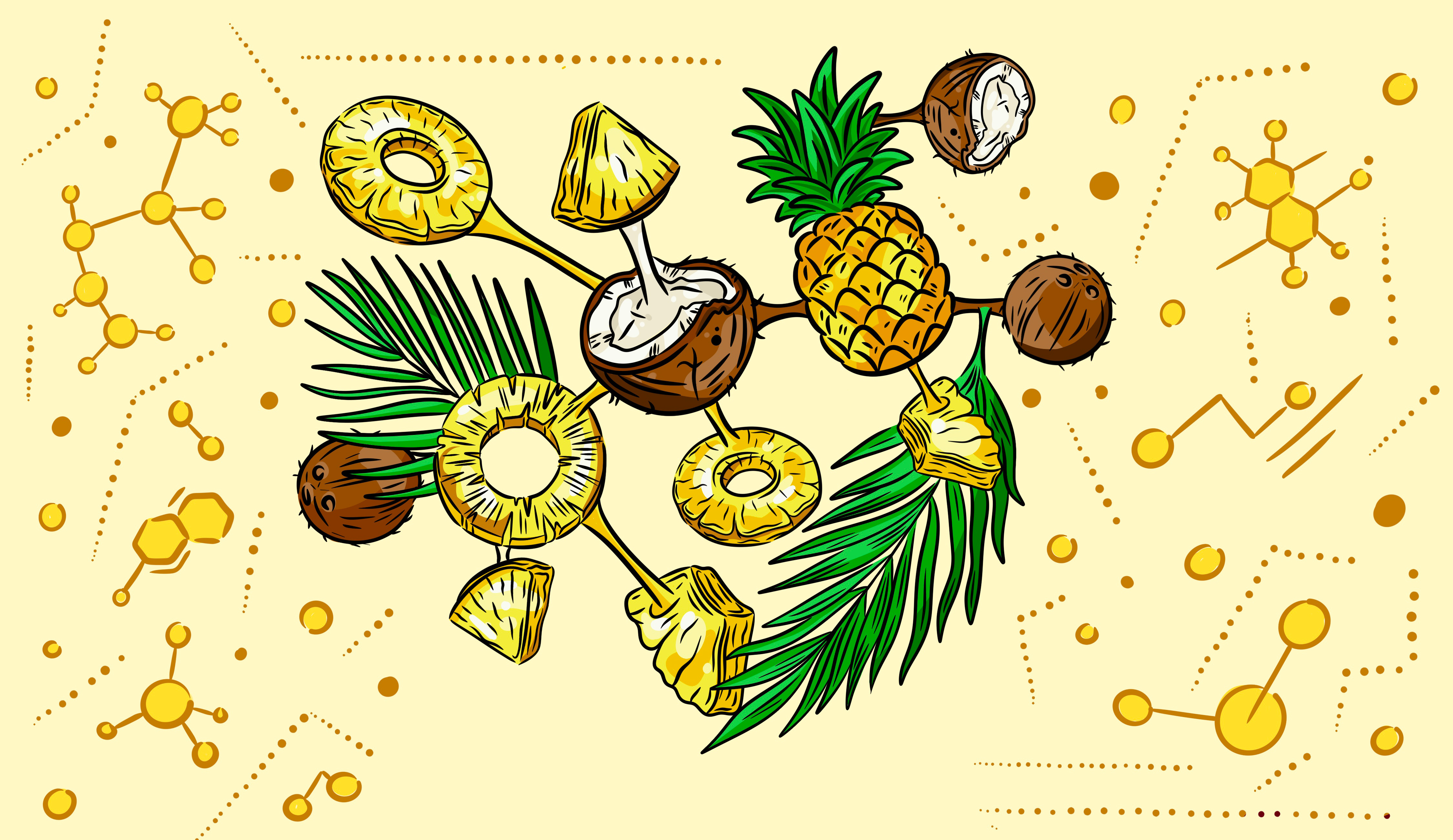 Pineapple Coconut Molecule atoms caribbean coconut concept design digital dna drawing exotic fresh fruit fruity hand drawn hawaiian illustration jamaica molecule pineapple tropical vacation
