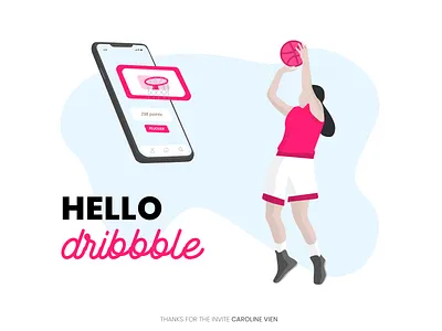 HELLO DRIBBBLE app basket basketball debut first shot flat hello dribbble hellodribbble illustration illustrator jump pink vector woman