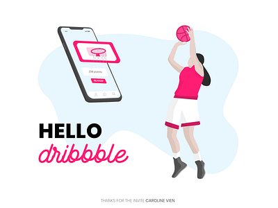 HELLO DRIBBBLE app basket basketball debut first shot flat hello dribbble hellodribbble illustration illustrator jump pink vector woman