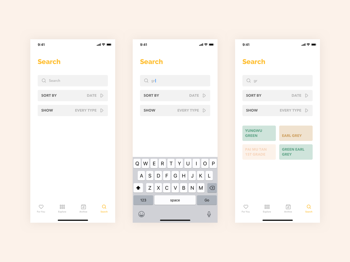 Tea App - Search app app design cards clean concept design filter interface ios list minimal mobile app search sort tea ui ux
