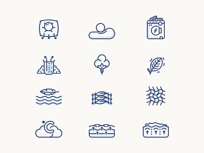 MUYU Beds : Icon set bed branding clean color comfort cotton heat icon illustration machine muyu naturel ui vector washing machine