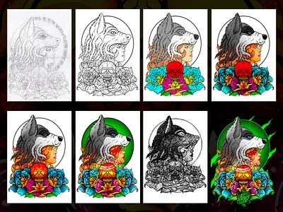Strength - Process adobe illustrator adobe photoshop chiris concept design design flowers illustration illustration neo traditional roses skull skull art vector wacom bamboo wolf woman
