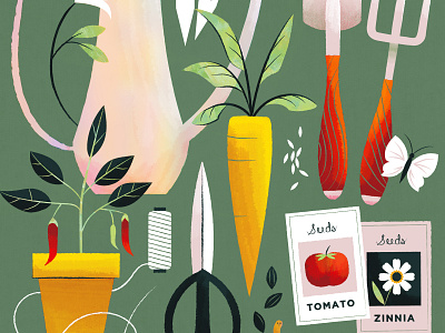 Green Thumbs butterfly carrot garden gardener gardening pepper plants scissors seeds shovel spring tomato twine watering can worm