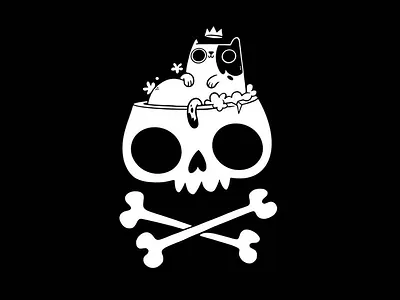 Cat Bathing In Skull 80s bath black and white blake stevenson cartoon cat cats character design crown cute hipster illustration jetpacks and rollerskates kids logo mascot one colour skull ui