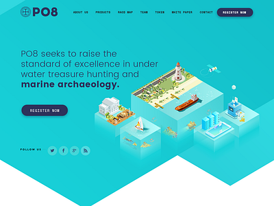 PO8 ICO Landing Page archeology branding crypto currency illustration marine technology treasure ui underwater vector