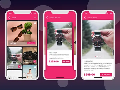 Shopping App add to cart adobe xd cards carousel masonry mobile mobile app mosaic photos pink shopping shopping app ui ui design ui ux ux ux design