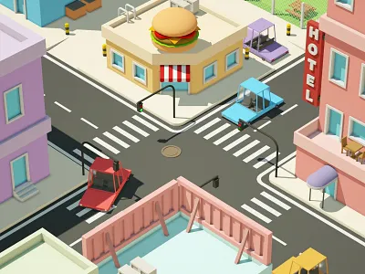 Crossroad 3d 3d art 3d artist c4d car cinema 4d crossroads design hamburger hotel house illustration low poly low poly art render street