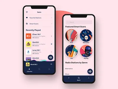 Radio app blue cast circles clean dark blue design featured hellohello interface ios list pink radio radio station simple stations table ui ux