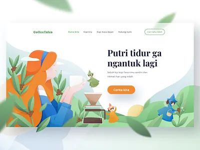 Coffee Tales Illustration coffee coffeeshop fairy fairytale gradient green illustration plant princess shop sleep vector wakeup