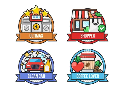Omanoil App Badges - Set 5 adobe illustrator clean car coffee design flat food gas pump graphic design groceries icon icon a day illustration line art shop shopping shopping cart stars ui vector vector artwork