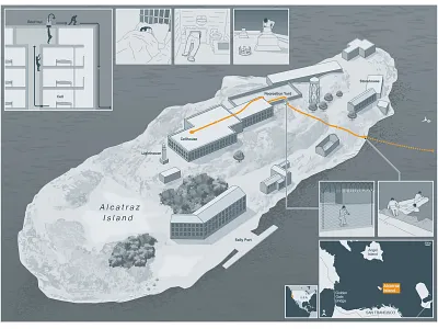 Escape from Alcatraz infographic adobe illustrator alcatraz clear crime diagram escape explanation explanatory feature history illustration infographic information design island map vector illustration visual
