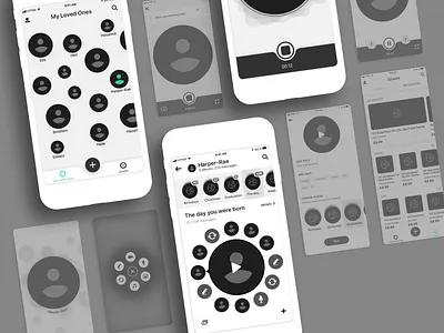 AfterLife Messages - UX wireframes (2018) after life albums audio circles events family future life live love messgaes photos recipient record support training user experience ux video wireframes