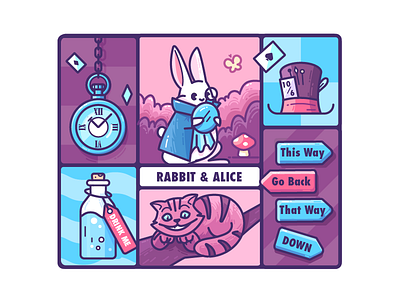 Rabbit & Alice alice alice in wonderland aliceinwonderland animal bottle cat cheshire cat comic design drink hat icon illustration poker rabbit vector watch zodiac zodiac sign