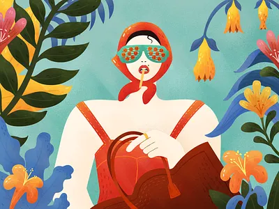 Vintage Girl bag cigarette flower girl graphic design illustration plant retro style scarf swimsuit vector vintage