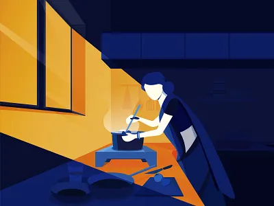 ' Mother's Kitchen ' character cooking dark flat illustration illustration art illustrations illustrator kitchen window