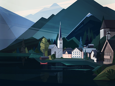 Inspiring Austria landscapes blue church colors concept flat green illustration landscape landscape illustration mountains texture vector