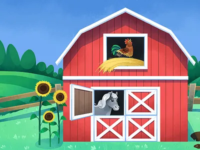 Farm Scene background barn childrens farm farmyard horse illustration kids rooster sunflowers