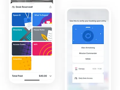 Booking Detail access card badge booking concierge coworking desk id id badge ios iphone reservation ticket tiles workspace