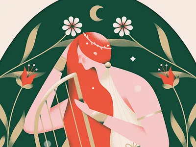 Goddess character character design flat flower forest girl goddess greek mythology human illustration moon night pastel person plant texture vector woman
