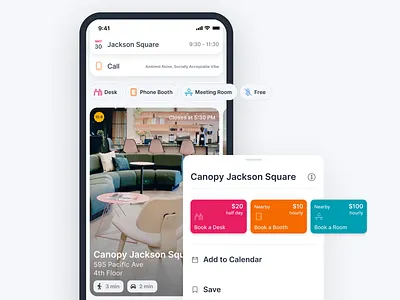 Hourly Workspace Booking booking cards coworking filters ios iphone tiles workspace