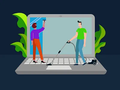 Clean the laptop character character design chart clean design flat glass illustration illustrator iran iranian keyboard laptop man vacuum cleaner woman work