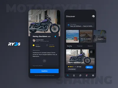 Ryds app app bike clean dark mobile motorcycle rider share uidesign user interface