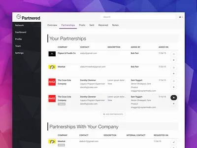 Partnered dashboard for tracking partnerships app b2b dashboard enterprise product product design sketch software startup table ui ui ux uidesign uiux uiuxdesign ux walkthrough web webapp ycombinator