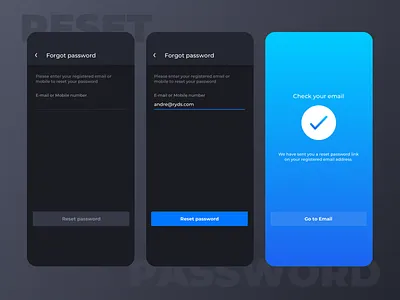Ryds app - Reset password flow app design blue dark ui flow forgot password form mobile recover password reset password ryds success message