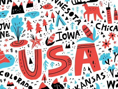 USA map cartography cartoon concept design doodle drawing hand drawn handdrawn illustration lettering map mapping maps nature typography usa vector wild