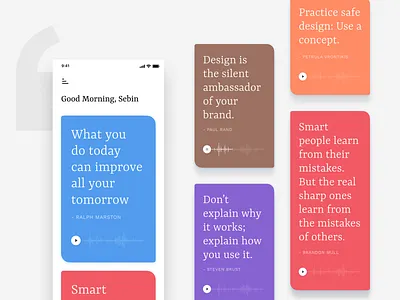 Daily Motivational Quotes App audio brandon mull clean design daily motivation design mobile app mobile ui paul rand quotes ralph marston steven brust ui ux user interface