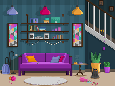 Home comfort animals apartment art cartoon cat cats cozy design flat home house illustration illustrator interior pink room sofa vector
