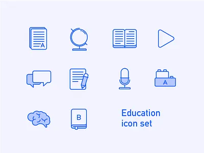 Education Icon Set Preview books brain dialog document education icons educational game globe icon icon set line art lineart microphone pen play school school icons workshop