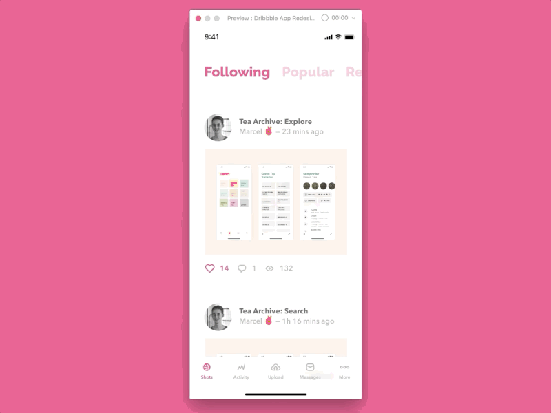 Dribbble App Redesign: Interactions animation app app design clean concept design dribbble interaction interface ios minimal mobile app redesign transition ui ux